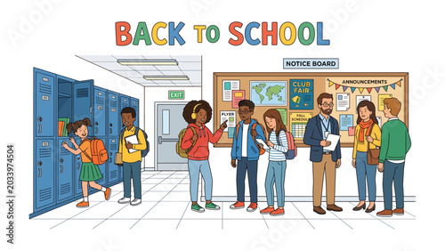 Back to School Scene: A vibrant illustration depicts students and teachers gathering in a school hallway, with lockers and a notice board, capturing the excitement of returning to learning.