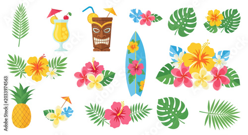 Tropical Summer Vacation Elements: Tiki, Cocktails, Surfboard, Pineapple, Flowers, Leaves