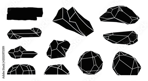 Collection of black geometric crystal shapes isolated on white background.