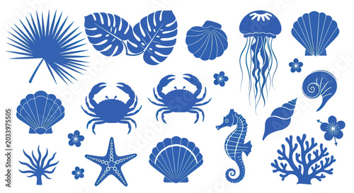 Quadro su tela Collection of Blue Marine Life and Tropical Leaves.