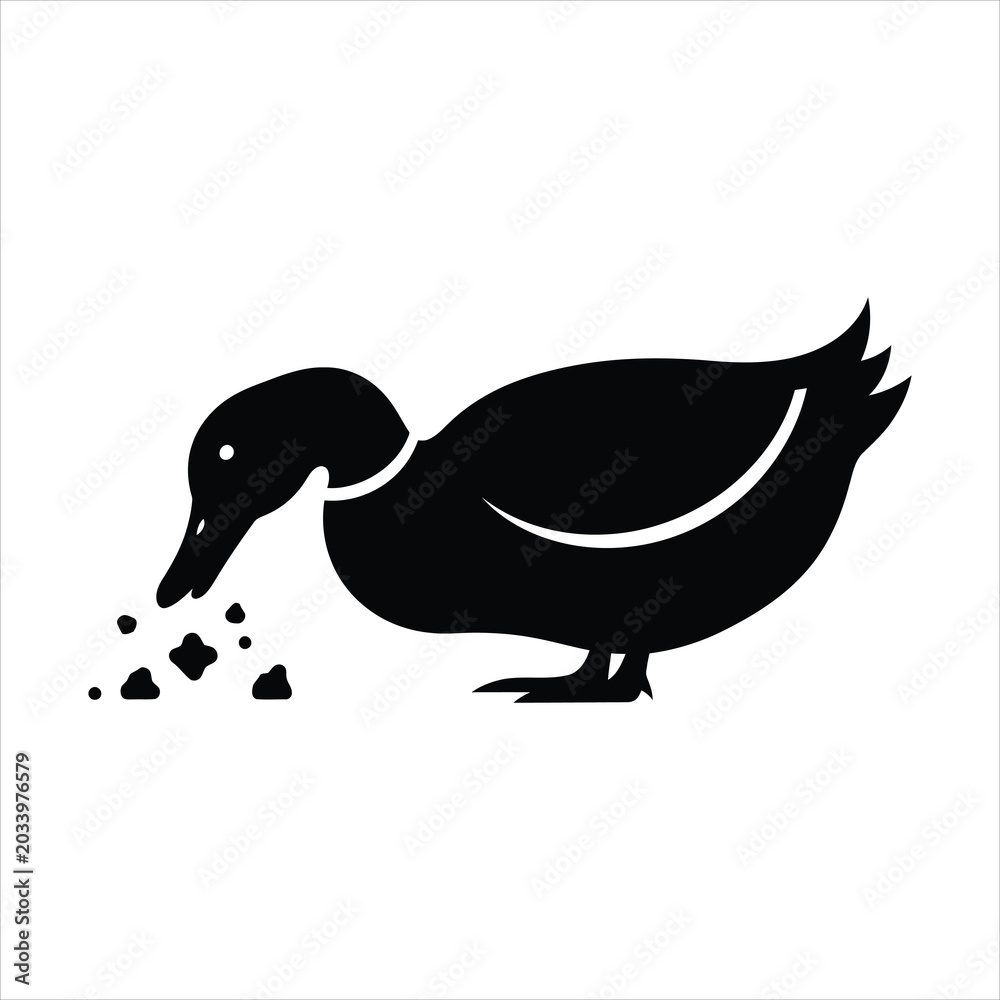 Obraz premium Duck pecking and eating food silhouette vector illustration