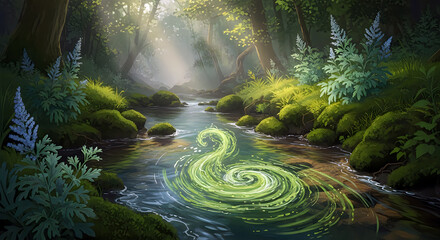 Swimming duck creating ripples in a peaceful pond