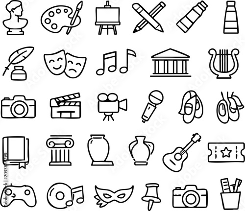 Arts and entertainment icons set with entertainment creative illustration sculpture building microphone