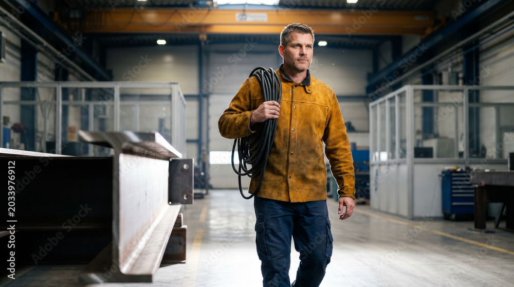 Fototapeta premium Environmental wide shot of industrial specialist walking through facility center, carrying heavy coil of black welding cables over shoulder past rows of architectural metal structures.