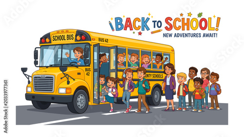 фотографія Back to School Bus Adventure: A cheerful yellow school bus awaits a group of eager students, ready for new adventures and learning