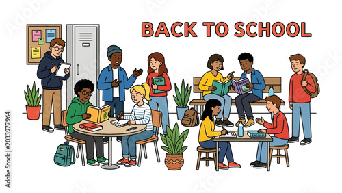 Foto Back to School Scene: Diverse group of students in a school hallway and classroom setting, engaged in various activities such as studying, socializing, and reading