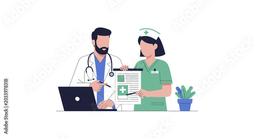 Doctor and Nurse Discussing Patient Medical Records on Clipboard.