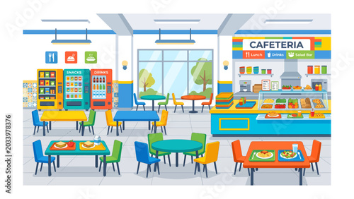 Cafeteria Scene: A vibrant and inviting cafeteria interior, complete with colorful tables, chairs, and serving stations, offers a lively space for dining and socializing.