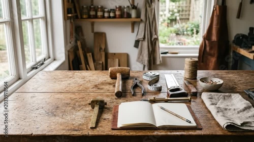 Workshop tabletop with practical copy space, craft and DIY mockup for tool branding, handmade product campaigns and maker lifestyle visuals, inspired by Empty table with product space in artisan