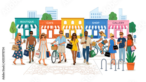 Photos Shopping Spree on a Sunny Day: A vibrant street scene depicts a diverse group of people enjoying a leisurely shopping spree, with colorful storefronts and bicycles adding to the lively atmosphere