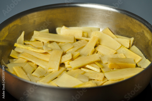 Sliced bamboo shoots preparing for cooking