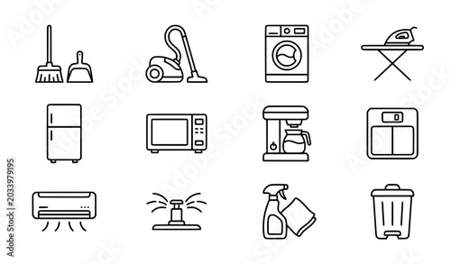 Fotografie Household line icon collection with broom fridge and home appliance vector symbo