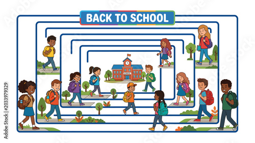 Foto Back to School Maze Adventure: Children with backpacks navigate a maze leading to a school building, symbolizing the start of the academic year and the journey of learning