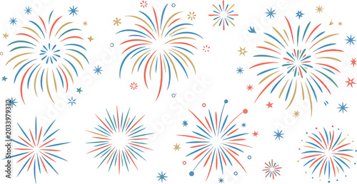 Foto Colorful fireworks display with red white and blue bursts on a white background