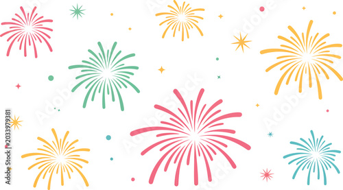 Colorful firework displays illuminate a bright celebratory background with vibrant bursts
