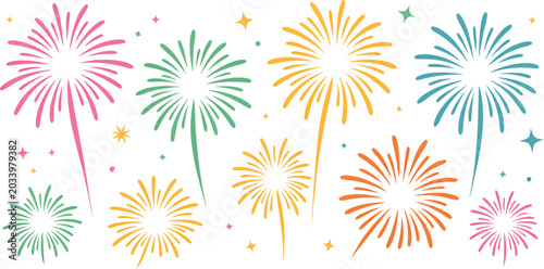 A vibrant collection of colorful fireworks displays against a clean white background