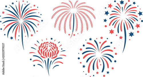 A collection of colorful fireworks displays in red white and blue