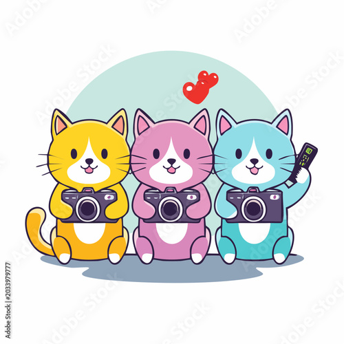 Three cute cartoon cats taking a selfie