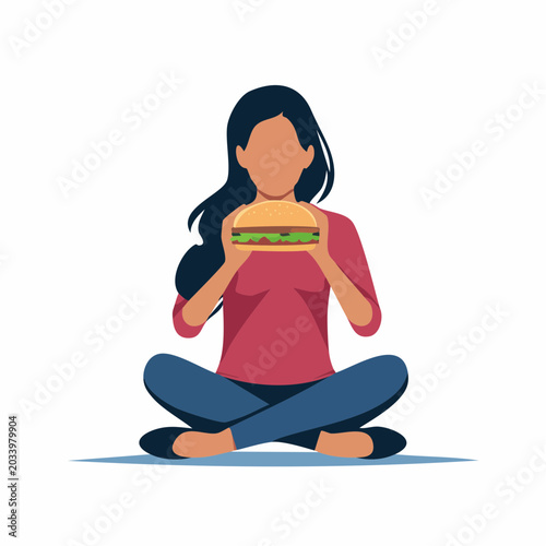 Woman Sitting Cross-legged Holding a Burger