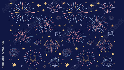 A vibrant display of fireworks and glittering stars on a dark blue background