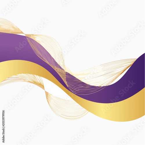 Abstract flowing waves of purple and gold with delicate golden lines
