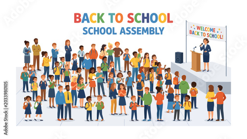 Fotografie Back to School Assembly: A vibrant illustration depicts a school assembly with a diverse group of students and teachers gathered, ready to begin the academic year with enthusiasm