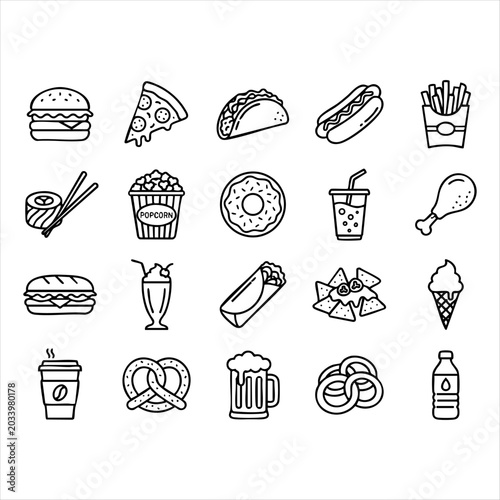 Fast food icons set line art drawings. hamburger pizza taco hot dog french fries sushi popcorn donut drink