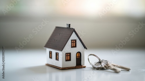 An image of a small house model with keys placed nearby on a blurred background.