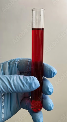 A hand in a medical glove holds a test tube with red liquid on a plain background