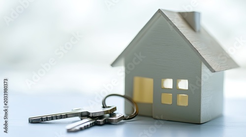An image of a small house model with keys placed nearby on a blurred background.