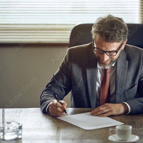 A happy, satisfied businessman in a suit sits at a table signing legal documents and puts signatures