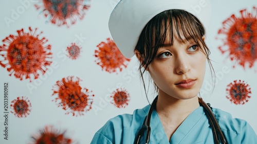 A young nurse surrounded by viruses. Healthcare, pandemic, virus, data visualization
