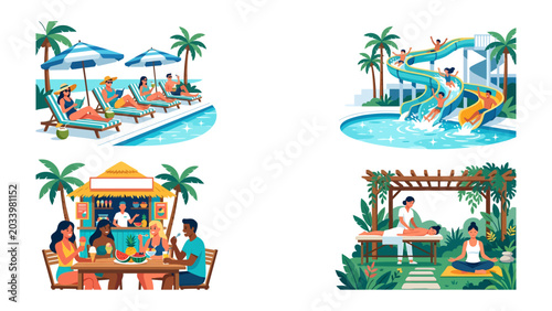 Summer Vacation Collage: A vibrant collage showcasing four distinct scenes of summer vacation enjoyment: relaxing by a pool under umbrellas, thrilling water slide adventures.