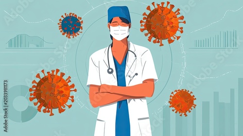 A young nurse surrounded by viruses. Healthcare, pandemic, virus, data visualization