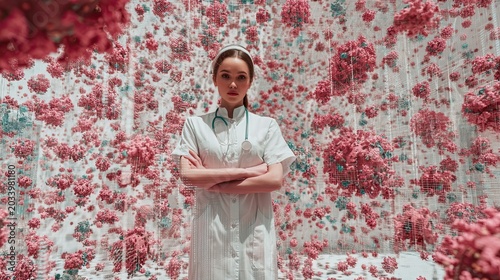 A young nurse surrounded by viruses. Healthcare, pandemic, virus, data visualization