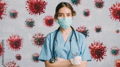A young nurse surrounded by viruses. Healthcare, pandemic, virus, data visualization
