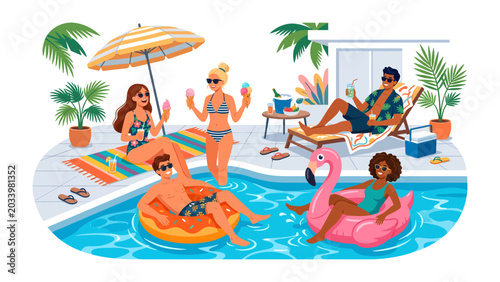 Poolside Paradise: A vibrant illustration of friends enjoying a sun-drenched pool party, complete with inflatable toys, refreshing drinks, and a feeling of carefree summer bliss.