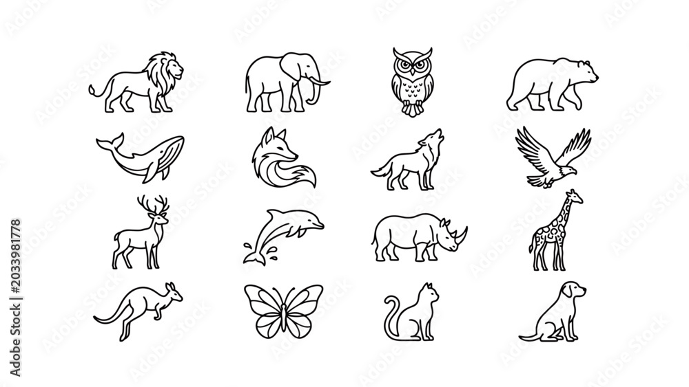 Obraz premium A comprehensive collection of diverse animal outline icons, perfect for representing wildlife, nature, and various creative design projects