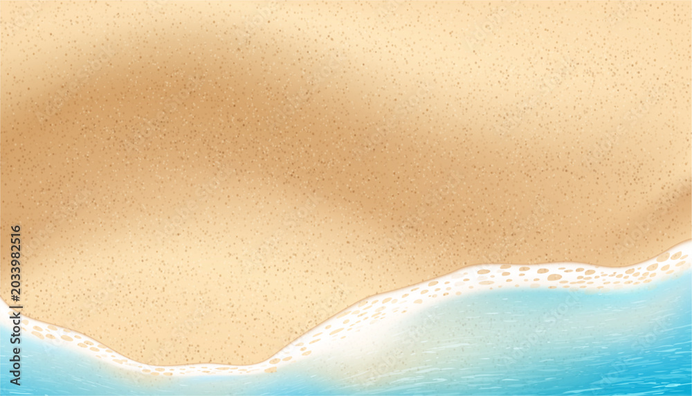 Obraz premium Top view of summer beach with soft wave and traces on sand. Vector realistic style, exotic tropical place for vacation and rest. Ocean or sea, seascape for resting and relax, background for invitation