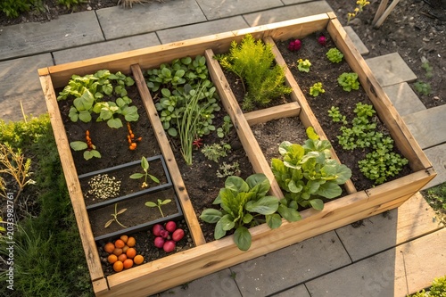 Raised Garden Bed With Seedlings And Root Vegetables Outdoor Scene