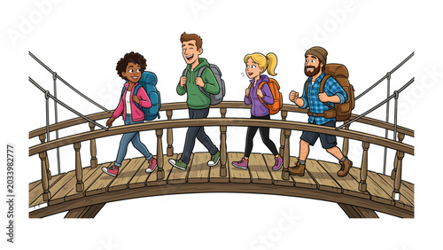 Fotografie A Group of Hikers Crossing a Wooden Bridge: A diverse group of four young adults, equipped with backpacks, traverse a charming wooden suspension bridge, ready for adventure in the great outdoors