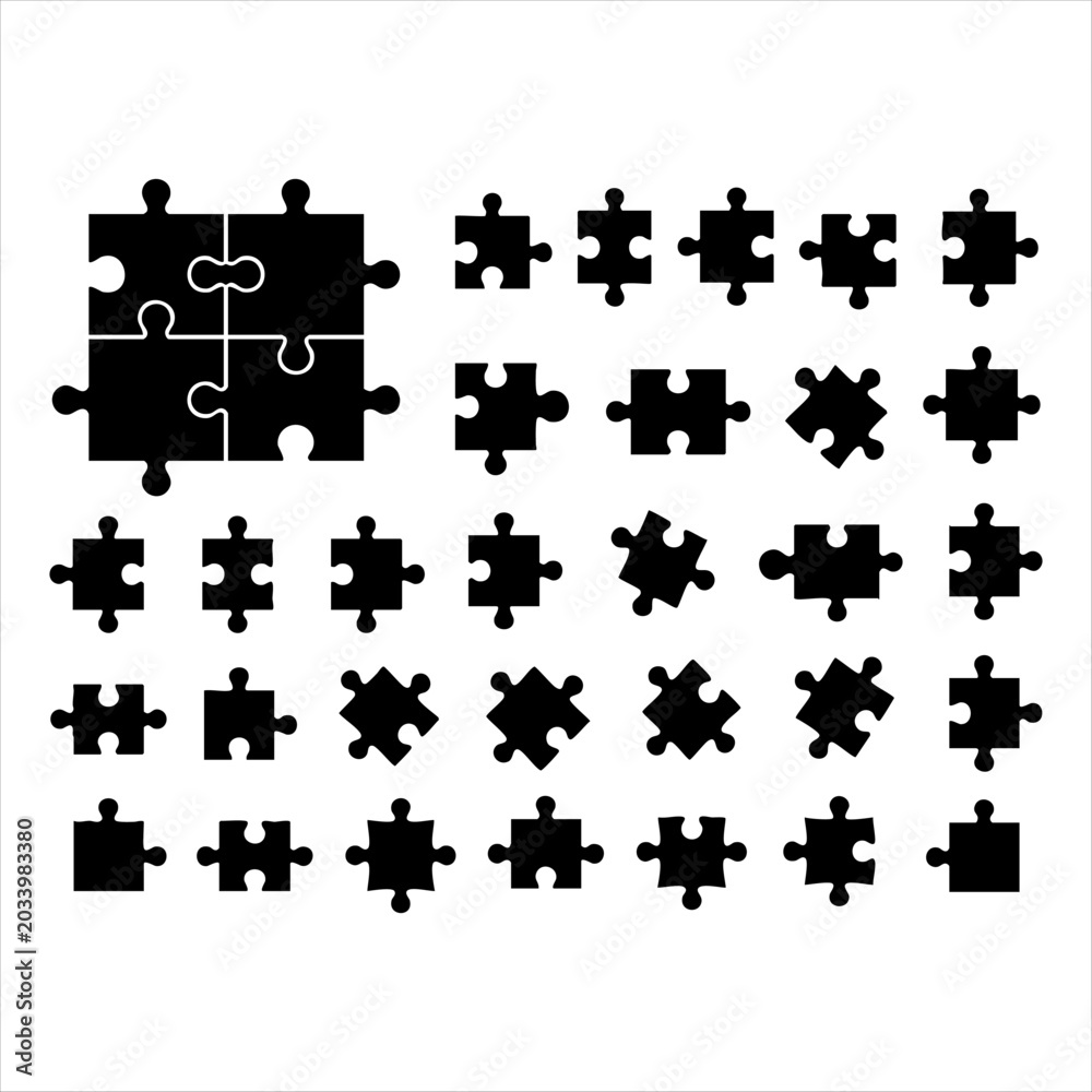 Naklejka premium Collection of black silhouette puzzle pieces vector icons representing problem solving and connections