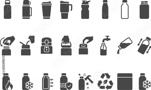 Bild auf Leinwand Various types of bottles, cups, and containers with recycling