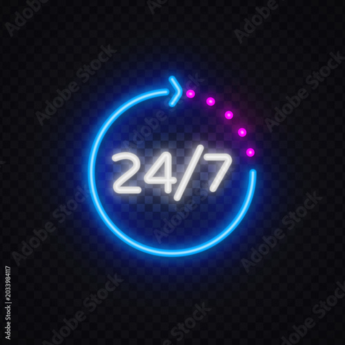 Neon 24 7 sign with glowing arrow and modern cyber style. Bright nightlife symbol for service, support, online store or nonstop business.