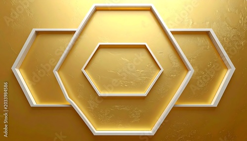Glowing Golden Hexagon Frames Layered on Textured Yellow Background
