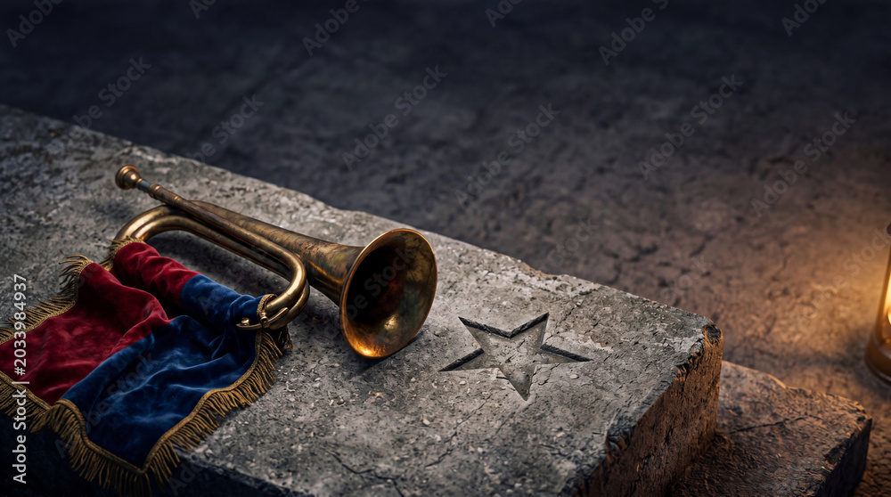 Obraz premium Vintage bugle with red and blue fabric lying on stone block with engraved star. Solemn Memorial Day tribute. Symbol of military remembrance, honor and respect for fallen soldier.