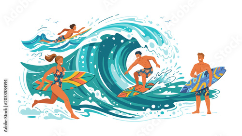 Surfing Paradise: A vibrant illustration capturing the thrill of surfing, with men and women riding exhilarating waves on surfboards, showcasing a lively beach scene.