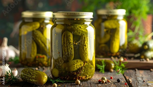 Homemade Pickled Cucumbers Preserved in Glass Jars on Rustic Wooden Table