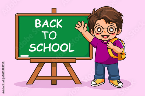 Photos Happy School Boy Waving Hand Back to School on Front Chalk Board Vector Illustra