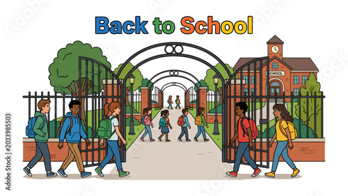 Fényképezés Back to School Scene: Students with backpacks enter through ornate gates towards a historic school building, signaling the start of the academic year with cheerful anticipation